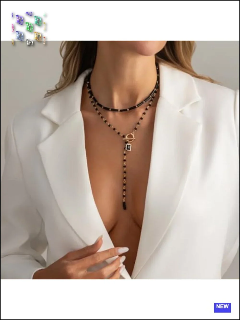 Lariat Necklace for Women, Black Beaded Y Necklace with Gold Tone Toggle Clasp